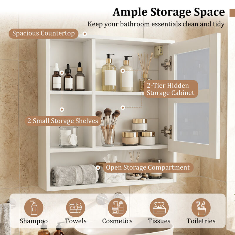 Bathroom Wall Mirror Cabinet with 2 Hidden Shelves and 3 Open Cubbies image number 5