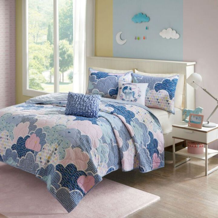 Hivvago Full/Queen Kids Blue Pink Unicorn Clouds Quilt Coverlet Bedspread Set