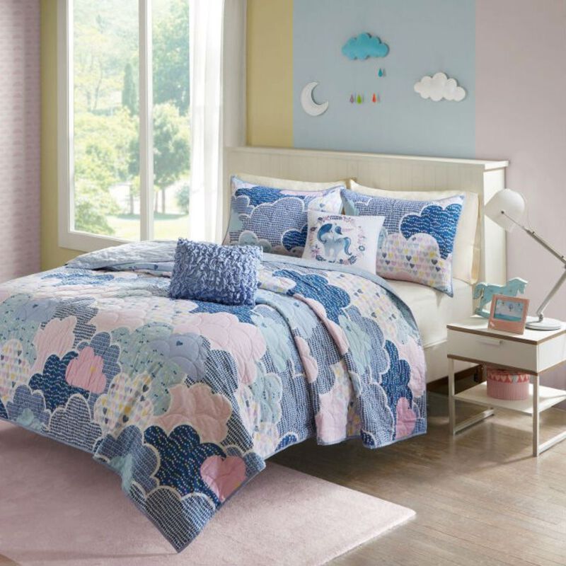 Hivvago Full/Queen Kids Blue Pink Unicorn Clouds Quilt Coverlet Bedspread Set
