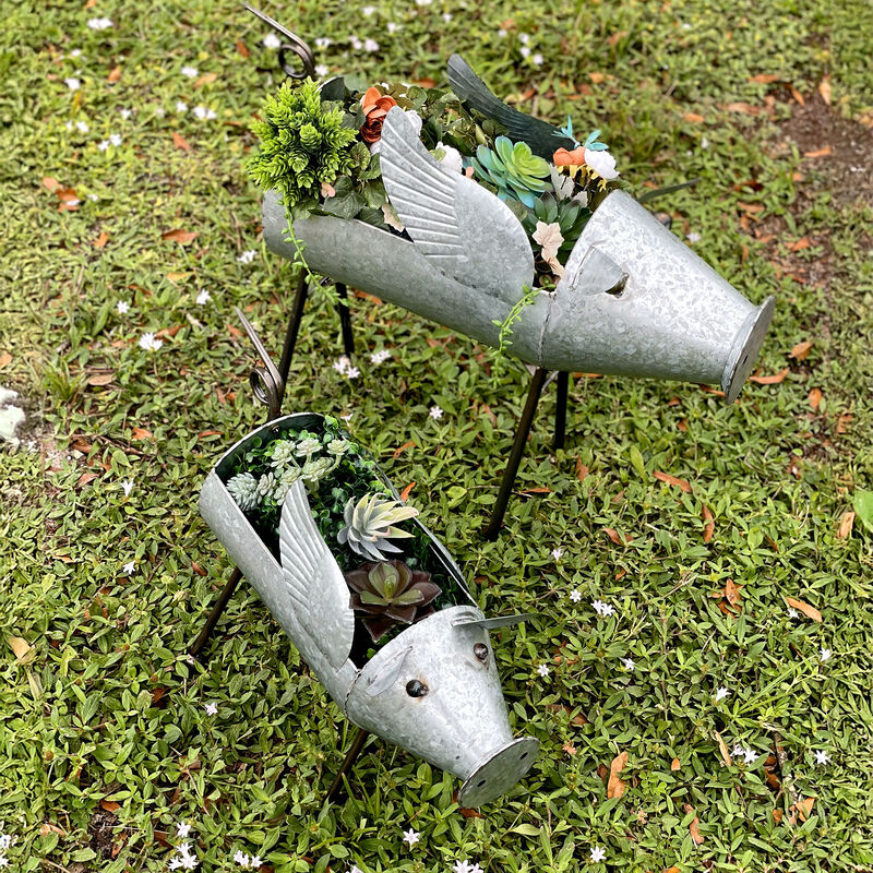 Set of 2 Flying Pig Planters - Distressed Metal - Whimsical Farmhouse Decor image number 6