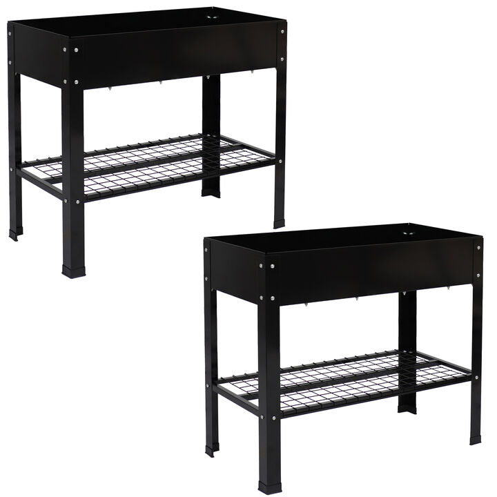 Sunnydaze Galvanized Steel Raised Bed with Mesh Shelf - Black - Set of 2