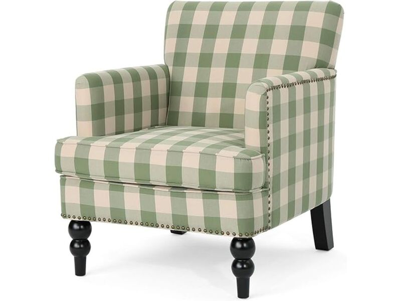 Accent Chair &ndash; Green Checkerboard Eve Club Armchair with Upholstered Cushion & Wood Frame image number 0