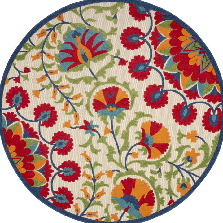 HomeRoots 8' Navy Blue Beige Green Blue And Red Round Floral Indoor Outdoor Area Rug