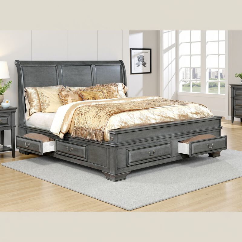 Transitional Eastern King Wooden Bed with Multiple Bottom Drawers, Gray