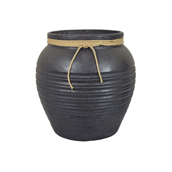 17 Inch Planter with Rope Accent Details, Round, Clean Lines, Black Resin - Benzara