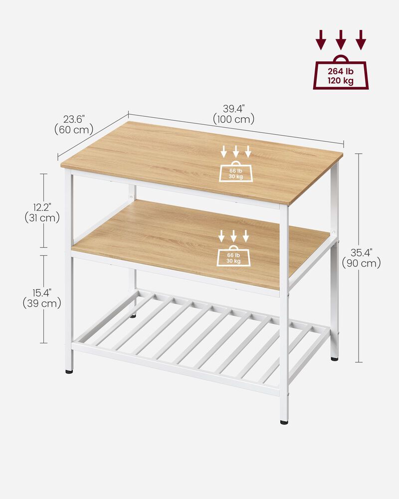 Kitchen Island with 3 Shelves & Large Worktop