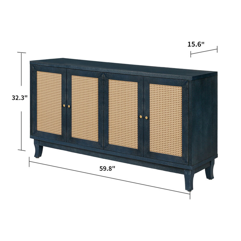 TATEUS Handcrafted Grain Panel Rattan Credenza, 4 Doors Modern Storage Console Adjustable Shelves Living Room image number 3
