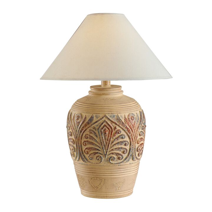 Tia 29 Inch Table Lamp, Conical Shade, Urn Shape, Damask Pattern, Beige - Benzara