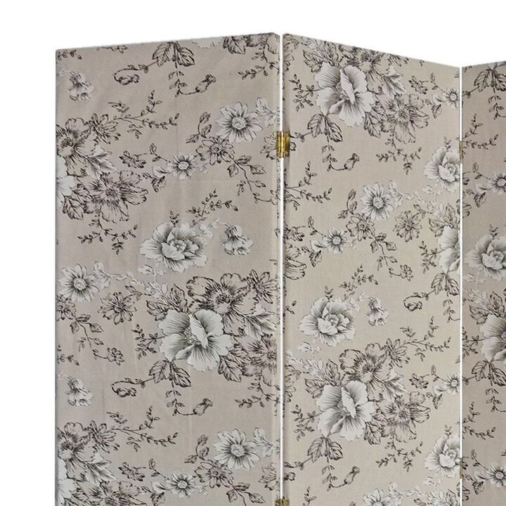 71 Inch 3 Panel Fabric Room Divider with Floral Print, Gray-Benzara