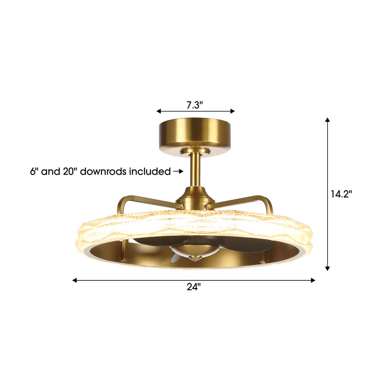 24" Modern Antique Brass Wheel Caged Acrylic Reversible Dimmable Ceiling Fan with Light and Remote for Bedroom, Living Room or Dining Room image number 5