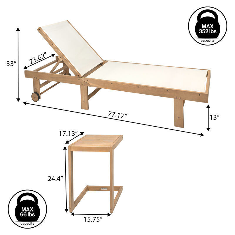 Trabuco Coastal Modern Acacia Wood Mesh 3-Position Outdoor foldable Chaise Lounge Set with Side Table image number 3