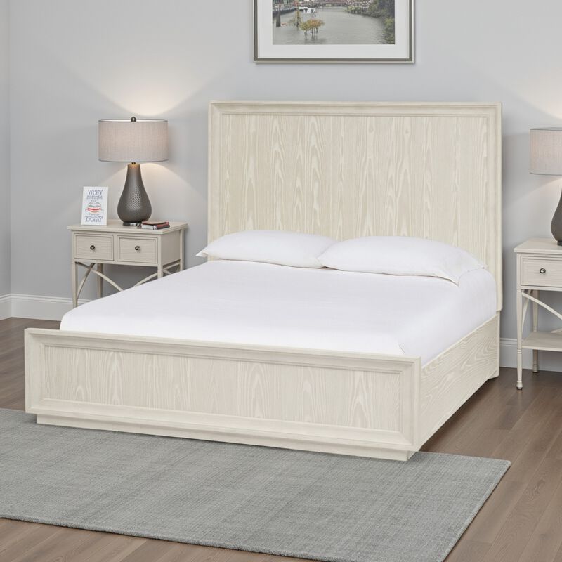 Maxi Queen Size Platform Bed, High Headboard, Wire Brushed Wood, Beige - Benzara
