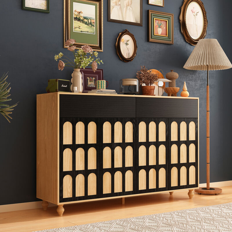 FUFU&GAGA Black and Natural Arch-Design Storage Cabinet with Dual Swing Doors (59" W x 39.3" H x 15.7" D)，Brown