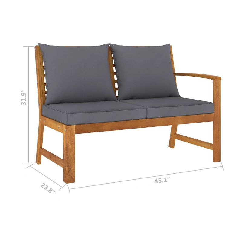 Outdoor Bench, Gray Fabric Cushions, Slatted Brown Solid Acacia Wood - Benzara