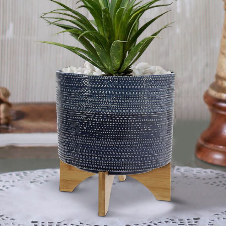 11 Inch Ceramic Dotted Planter with Wooden Base, Blue and Brown-Benzara