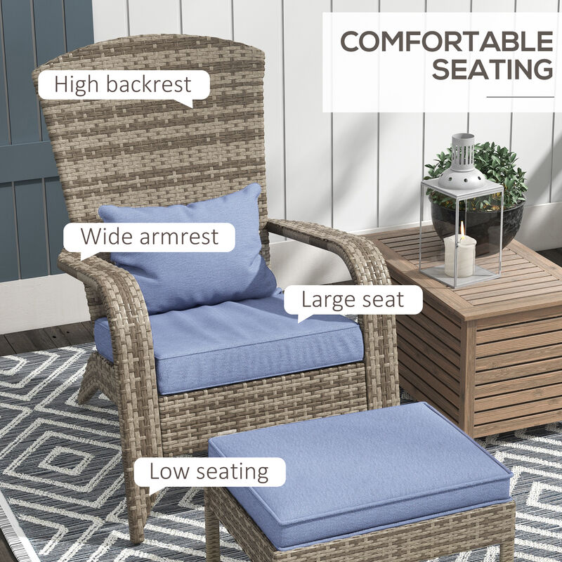Outsunny Patio Wicker Adirondack Chair with Ottoman, Outdoor Fire Pit Chair with Cushions, High-Back, Large Seat & Armrests for Deck, Garden & Backyard, Gray