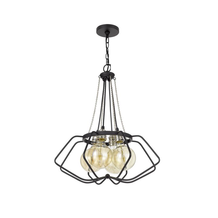 Lima 22 Inch Chandelier w 4 Light Bulbs, Black Metal Cage Design - Benzara