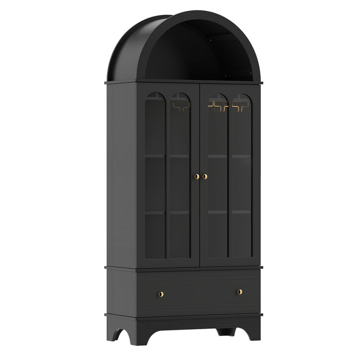 Modern Arched Cabinet with Tempered Glass Doors and Built In Wine Rack
