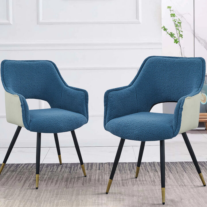 Eden 23 Inch Modern Dining Chair, White Fabric, Blue Metal Legs, Set of 2 - Benzara