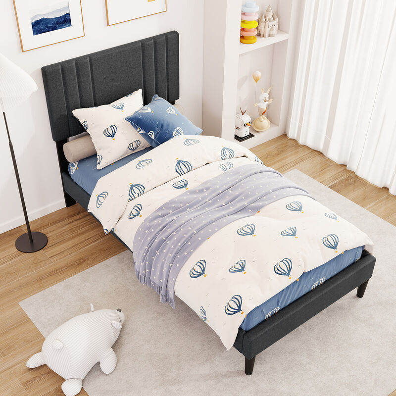 Bed Frame with Upholstered Channel Headboard and Wooden Slats for Comfort