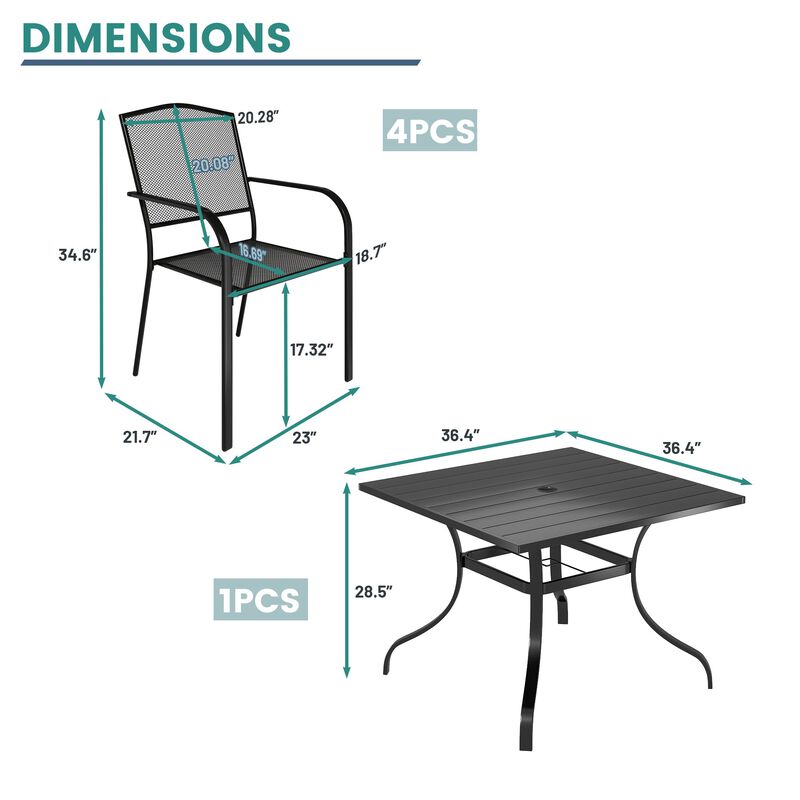 MONDAWE 5-Piece Sqare Steel Table And Steel Mesh Dining Chair Set With 4 Pcs Steel Mesh Dining Chairs, Black,Purchase Set Limited Time Get A Free Parasol(Random Styles&Colors)