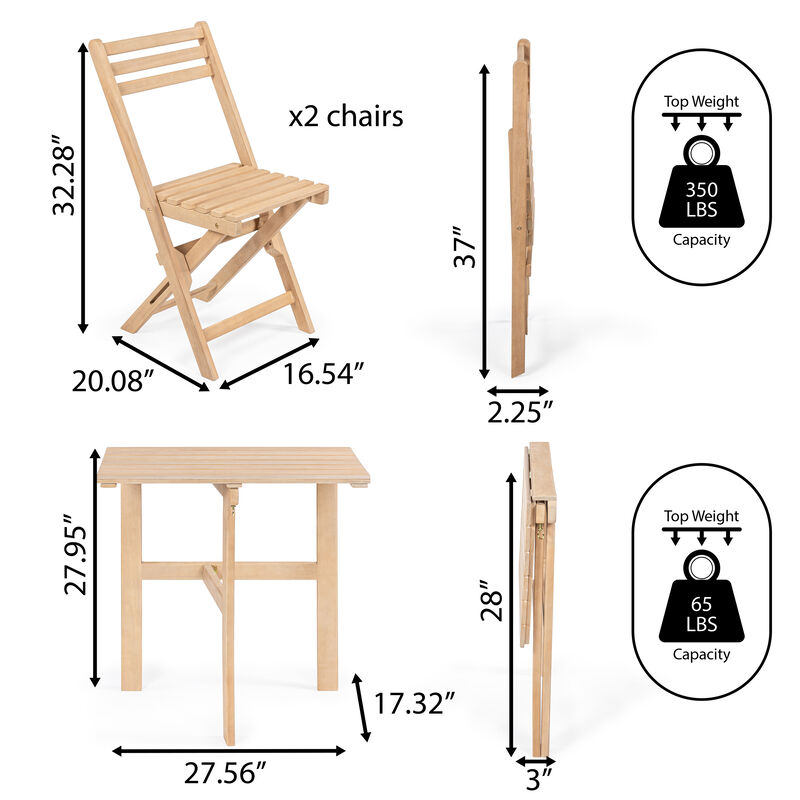 Nerja Modern Traditional 3-Piece Acacia Wood Half-Rectangular Outdoor Folding Bistro Set