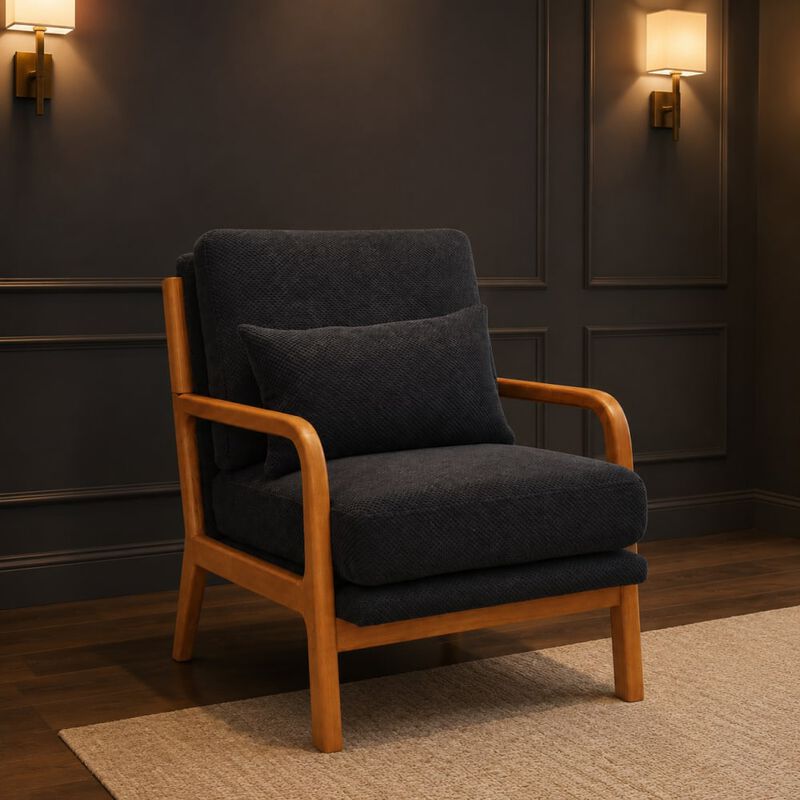 GOODSILO Mid-Century Modern Wooden Lounge Chair with Nubby Upholstery, High-Density Foam Cushion for Home and Office Use image number 3