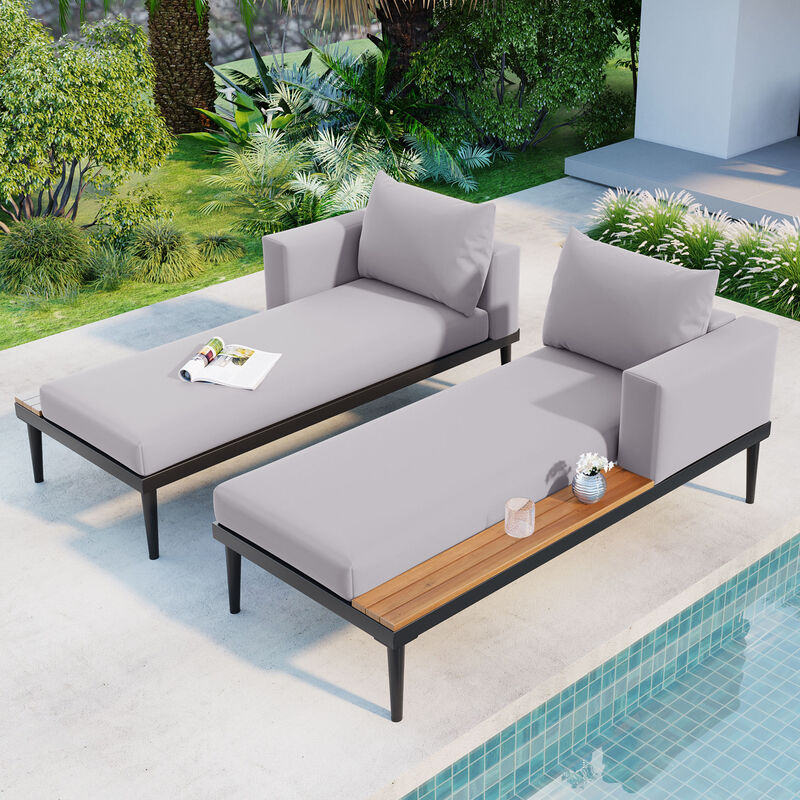 2-in-1 Outdoor Sofa Daybed for Poolside/Balcony, Wood-Topped Side Spaces & Padded Lounges