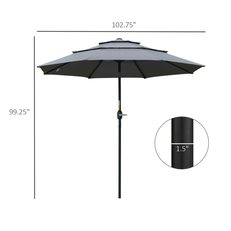 9' 3-Tier Patio Umbrella, Outdoor Market Umbrella with Crank and Push Button Tilt for Deck, Backyard and Lawn, Dark Grey
