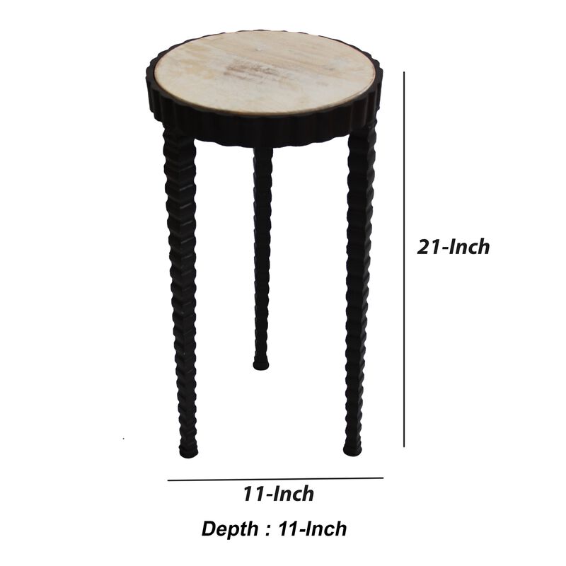 22 Inch Round Wooden Side Table with Tapered Tripod Base, Brown and Black-Benzara