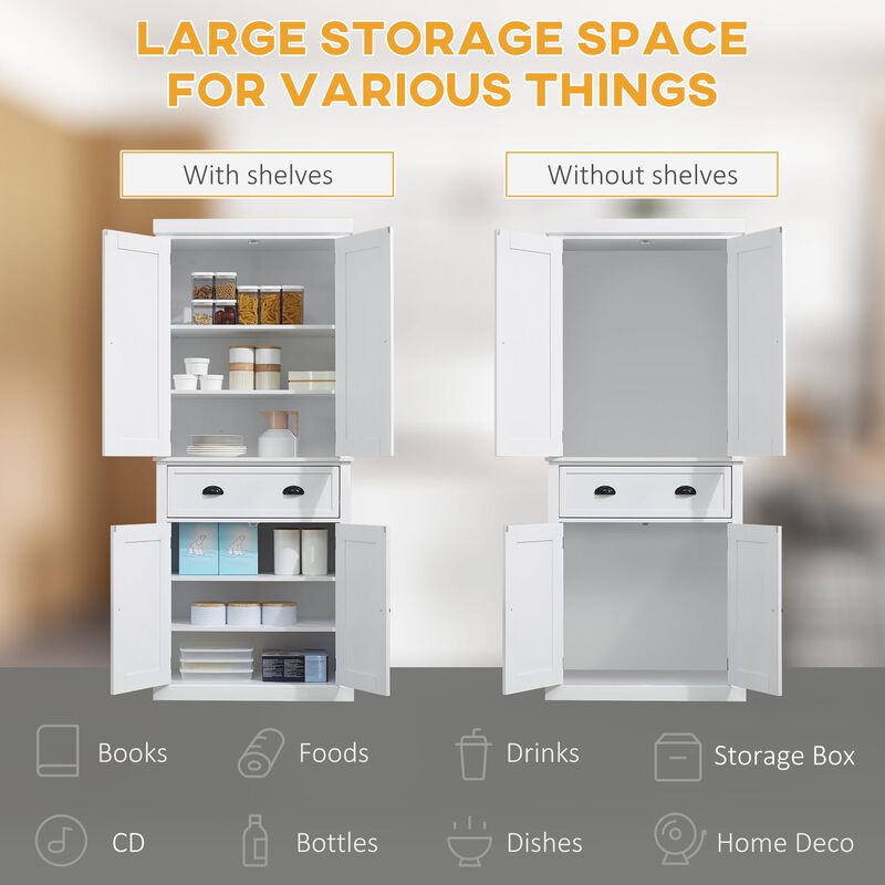 White Kitchen Pantry: 72" Freestanding with Cupboards, Drawers