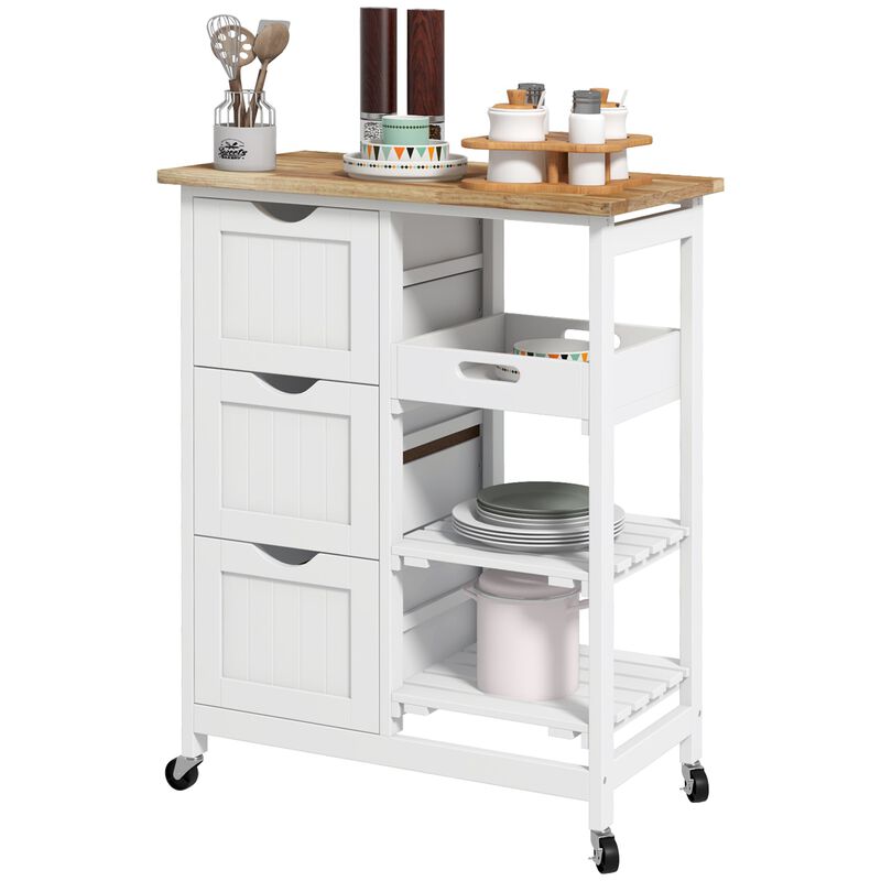 White Rolling Kitchen Island: Wood Top, Shelves, Drawers