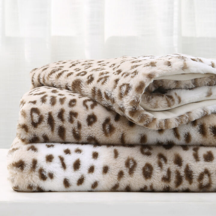 Printed Faux Rabbit Fur Throw, Lightweight Plush Cozy Soft Blanket, 60" x 70", Grey Leopard (2 Pack Set of 2)