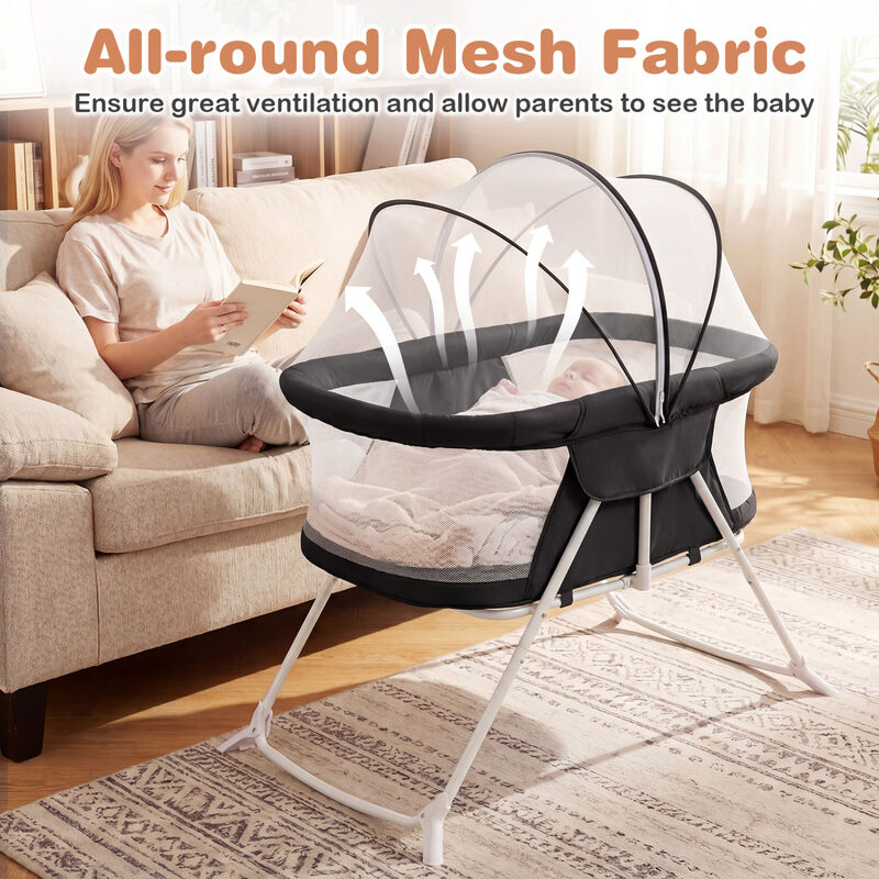 2 in 1 Baby Bedside Sleeper Bassinet with Rocking Motion and Breathable Mesh for Nursery image number 4