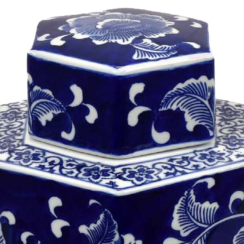 Deno 13 Inch Decorative Jar with Lid, Ceramic, Filigree in Blue and White - Benzara