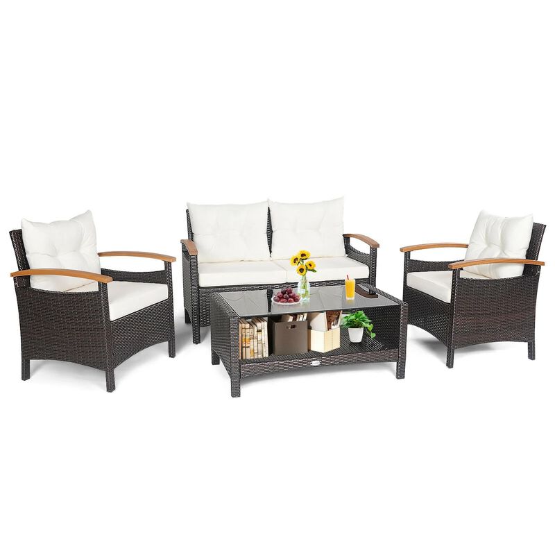 Mondawe 4 Pieces Patio Rattan Furniture Set with Cushioned Sofa and Storage Table