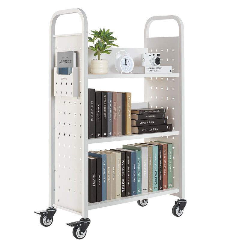 Rolling Library Book Cart with Lockable Wheels, L Shape Shelves for Home Office image number 2