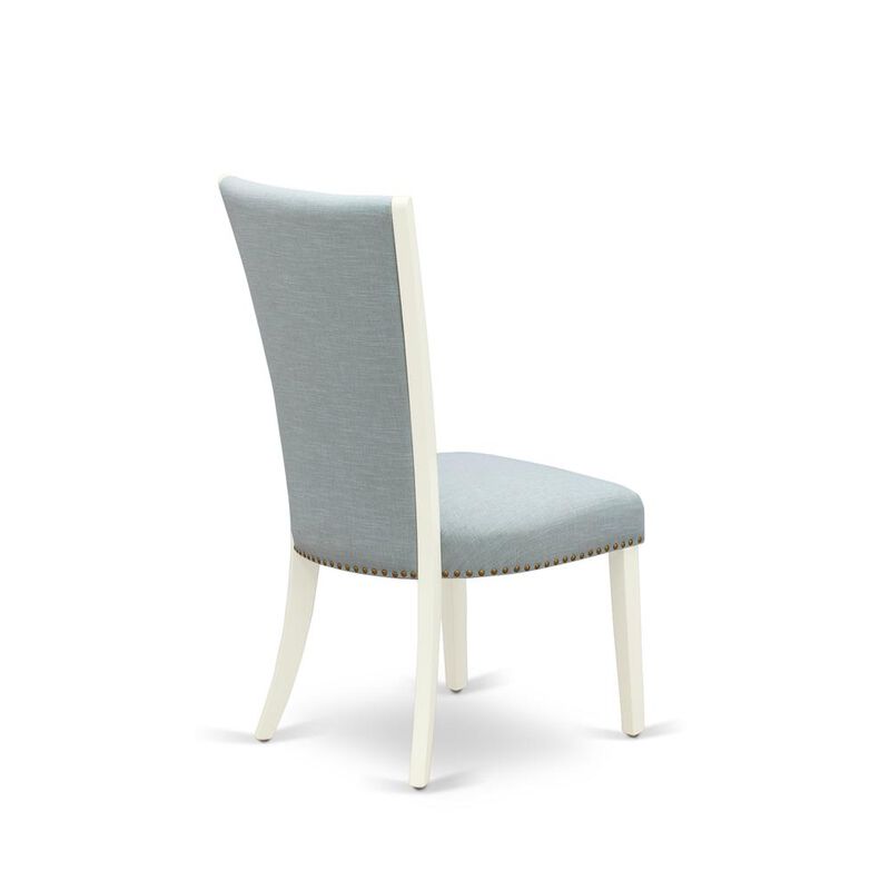 East West Furniture - Set of 2 - Dining Chair- Upholstered Chair Includes Linen White Hardwood Structure with Baby Blue Linen Fabric Seat with Nail Head and Stylish Back