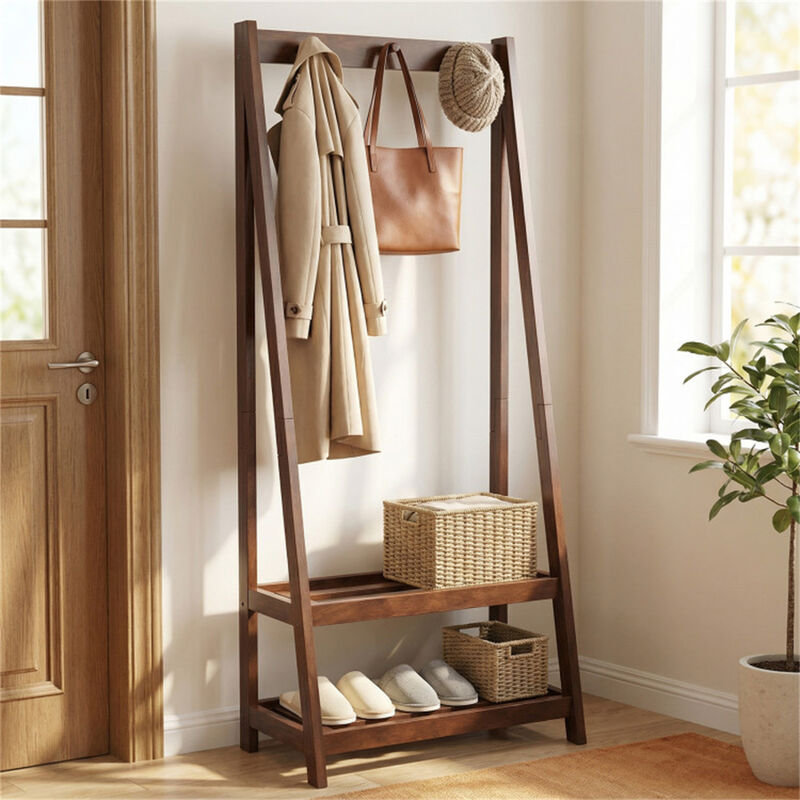 Freestanding Wood Coat Rack with A Frame Design 3 Hooks and 2 Shelves image number 1
