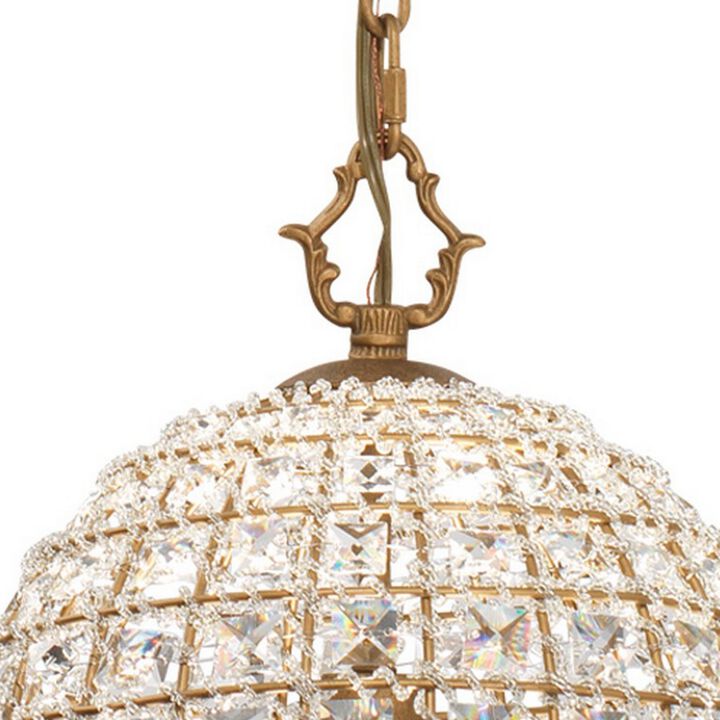Pendant Chandelier with Dome Metal Frame and Crystal Accents, Gold-Benzara