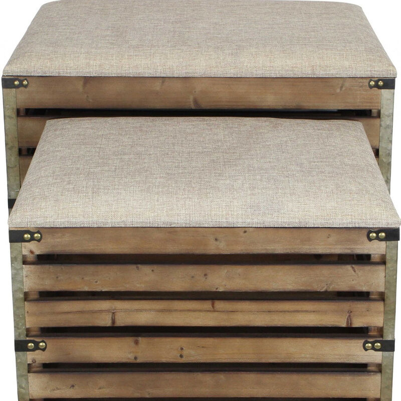 Set of 2 Upholstered Storage Benches with Flip Top and Wood Slat Base for Entryway