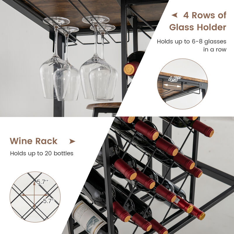 5 Pieces Bar Table and Stools Set with Wine Rack and Glass Holder-Rustic Brown