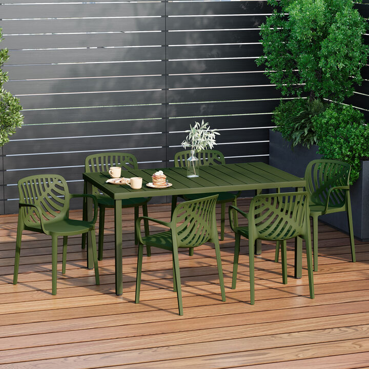 WestinTrends 7-Piece Outdoor Metal Rectangle Patio Dining Table Set With Stackable Resin Patio Dining Chairs
