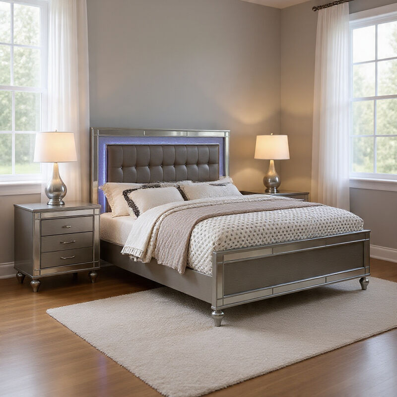 Queen Bedroom Set, Silver Wood, 2 Piece Set with Nightstand image number 1