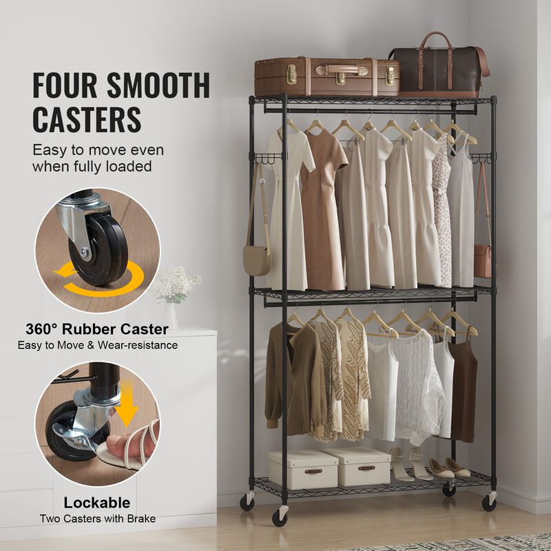 Heavy Duty Rolling Clothing Rack with 3 Tiers, 2 Rods, Hooks, and Adjustable Height
