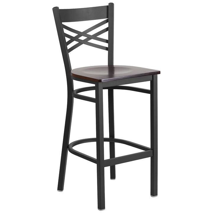 Flash Furniture HERCULES Series Black ''X'' Back Metal Restaurant Barstool - Walnut Wood Seat