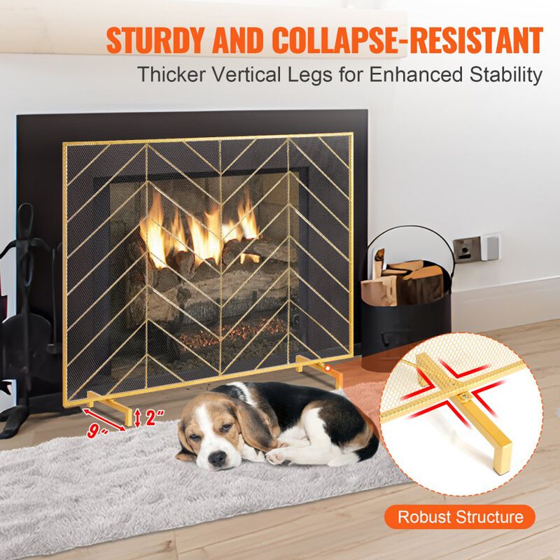 Single Panel Fireplace Screen with Iron Mesh, Freestanding Spark Guard for Indoor Fireplace-Gold image number 4