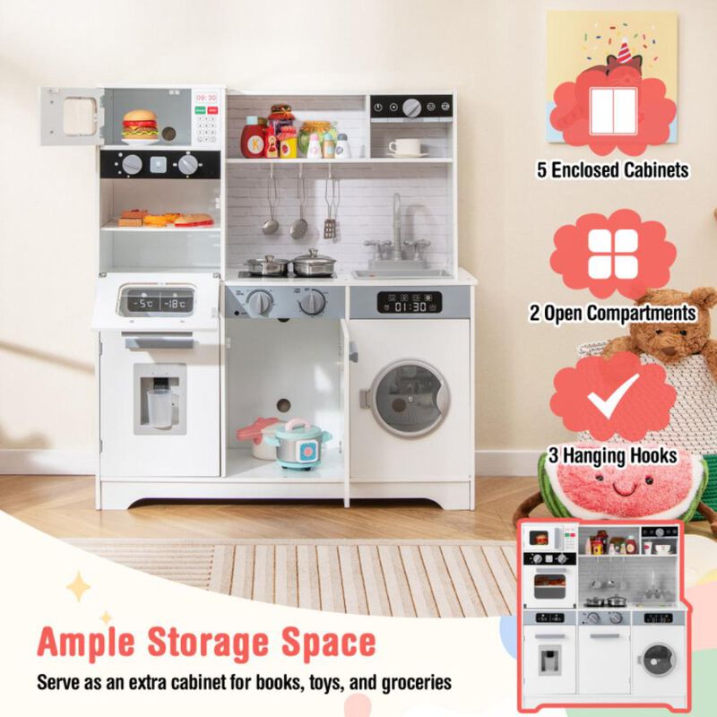 Hivvago Pretend Play Kitchen Wooden Toy Set Kitchen Accessory Playset with Real Lights Sounds