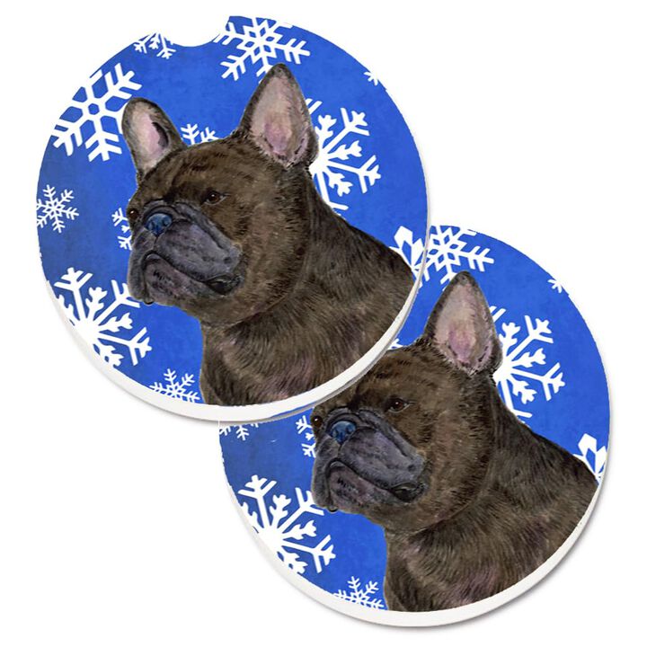 Caroline's Treasures French Bulldog Winter Snowflakes Holiday Set of 2 Cup Holder Car Coasters SS4657CARC, 2.56, Multicolor