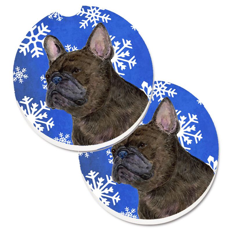 Caroline's Treasures French Bulldog Winter Snowflakes Holiday Set of 2 Cup Holder Car Coasters SS4657CARC, 2.56, Multicolor image number 0